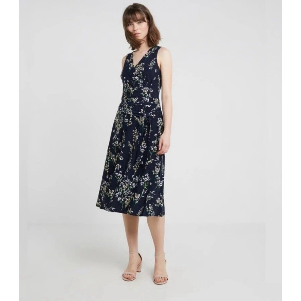 Lauren Ralph Lauren Midi Wrap Dress Blue Floral Pernille Faux Knit Womens Size 6